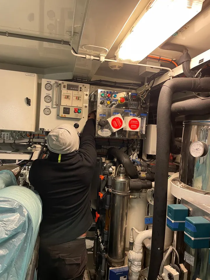 Watermaker installation in a motor yacht engine room